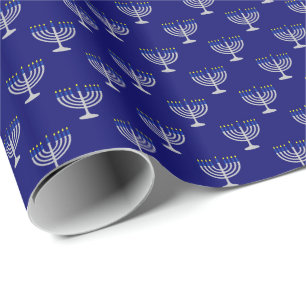 Hanukkah Silver Menorah on Navy Wrapping Paper