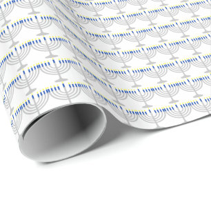Hanukkah Silver Menorah on White Wrapping Paper
