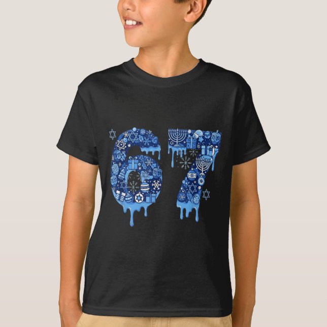 Hanukkah Six Seven 67 Meme Funny Dreidel Menorah S T-Shirt (Front)