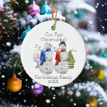 Hanukkah Snowman Christmas Our First Chrismukkah Ceramic Tree Decoration<br><div class="desc">This design may be personalised in the area provided by changing the photo and/or text. Or it can be customised by clicking Personalise this Template and then choosing the click to customise further option and delete or change the colour of the background, add text, change the text colour or style,...</div>