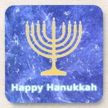 Hanukkah Snowstorm Menorah Coaster<br><div class="desc">A glowing gold Hanukkah menorah and text reading "Happy Hanukkah" in glowing blue and white superimposed on a blue and white fractal image reminiscent of snowflakes in a storm. Chag Sameach!</div>