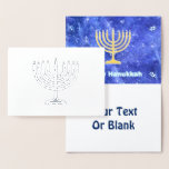 Hanukkah Snowstorm Menorah Foil Card<br><div class="desc">A glowing gold Hanukkah menorah and "Happy Hanukkah" in glowing blue and white text superimposed on a blue and white fractal image reminiscent of snowflakes in a storm. Chag Sameach!</div>