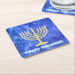 Hanukkah Snowstorm Menorah Square Paper Coaster<br><div class="desc">A glowing gold Hanukkah menorah and "Happy Hanukkah" in glowing blue and white text superimposed on a blue and white fractal image reminiscent of snowflakes in a storm. Chag Sameach!</div>