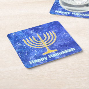 Hanukkah Snowstorm Menorah Square Paper Coaster