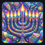 Hanukkah  square sticker<br><div class="desc">AI generated Hanukkah design that is festive and colourful
Celebrate Hanukkah in a whirl of colours and lights,  where a menorah's glow meets the playful dance of dreidels,  all set in a universe of psychedelic wonder. 🌈🕎✨</div>