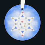 Hanukkah Star and Snowflakes Blue Ornament<br><div class="desc">A pretty design for Hanukkah of the Star of David with little colourful snowflakes on a blue and white frosty look background.</div>
