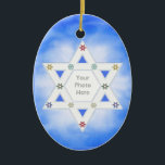 Hanukkah Star and Snowflakes Blue (photo frame) Ceramic Tree Decoration<br><div class="desc">A festive Hanukkah photo ornament with the Star of David for the photo frame and little colourful snowflakes on a wispy blue background.</div>