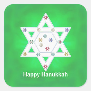 Hanukkah Star and Snowflakes Green Square Sticker