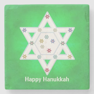 Hanukkah Star and Snowflakes Green Stone Coaster