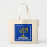 HANUKKAH Star David Menorah Personalised BLUE Large Tote Bag<br><div class="desc">Stylish tote bag with gold coloured menorah and silver coloured Star of David on a BLUE background (blue to match the Israeli flag). The greeting HAPPY HANUKKAH is customisable so you can add your name or change the greeting. Other matching items are available in the HANUKKAH Collection by Berean Designs,...</div>