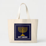 HANUKKAH Star David Menorah Personalised DARK BLUE Large Tote Bag<br><div class="desc">Stylish tote bag with gold coloured menorah and silver coloured Star of David on a DARK BLUE background. The greeting HAPPY HANUKKAH is customisable so you can add your name or change the greeting. Other matching items are available in the HANUKKAH Collection by Berean Designs, so you can create some...</div>