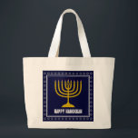 HANUKKAH Star David Menorah Personalised DARK BLUE Large Tote Bag<br><div class="desc">Stylish tote bag with gold coloured menorah and silver coloured Star of David on a DARK BLUE background. The greeting HAPPY HANUKKAH is customisable so you can add your name or change the greeting. Other matching items are available in the HANUKKAH Collection by Berean Designs, so you can create some...</div>