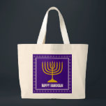 HANUKKAH Star David Menorah Personalised Purple Large Tote Bag<br><div class="desc">Stylish tote bag with gold coloured menorah and silver coloured Star of David on a royal rich PURPLE background. The greeting HAPPY HANUKKAH is customisable so you can add your name or change the greeting. Other matching items are available in the HANUKKAH Collection by Berean Designs, so you can create...</div>