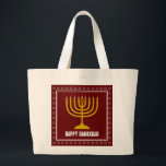 HANUKKAH Star David Menorah Personalised WINE RED Large Tote Bag<br><div class="desc">Stylish tote bag with gold coloured menorah and silver coloured Star of David on a BURGUNDY WINE RED background. The greeting HAPPY HANUKKAH is customisable so you can add your name or change the greeting. Other matching items are available in the HANUKKAH Collection by Berean Designs, so you can create...</div>