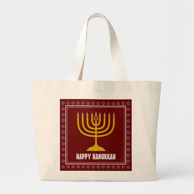 HANUKKAH Star David Menorah Personalised WINE RED Large Tote Bag (Front)