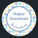 Hanukkah Star of David Classic Round Sticker<br><div class="desc">These fabulous gift tags would look great on all your Hanukkah gifts.  They are so modern yet classic with their blue,  turquoise and yellow Stars of David.  And,  they are customisable with your family name.</div>