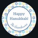 Hanukkah Star of David Classic Round Sticker<br><div class="desc">These fabulous gift tags would look great on all your Hanukkah gifts.  They are so modern yet classic with their blue,  turquoise and yellow Stars of David.  And,  they are customisable with your family name.</div>