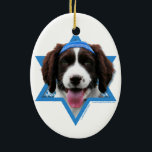 Hanukkah Star of David - English Springer Spaniel Ceramic Tree Decoration<br><div class="desc">What could make saying Happy Hanukkah more fun than having this English Springer Spaniel Dog wearing a Yamaka surrounded by the Star of David. This whimsical holiday design will be sure to delight your friends and family as well as other dog lovers. This design is available in over 100 Dog...</div>