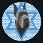 Hanukkah Star of David - Great Dane - Grey Classic Round Sticker<br><div class="desc">What could make saying Happy Hanukkah more fun than having this Grey Great Dane Dog wearing a Yamaka surrounded by the Star of David. This whimsical holiday design will be sure to delight your friends and family as well as other dog lovers. This design is available in over 100 Dog...</div>