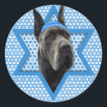 Hanukkah Star of David - Great Dane - Grey Classic Round Sticker<br><div class="desc">What could make saying Happy Hanukkah more fun than having this Grey Great Dane Dog wearing a Yamaka surrounded by the Star of David. This whimsical holiday design will be sure to delight your friends and family as well as other dog lovers. This design is available in over 100 Dog...</div>