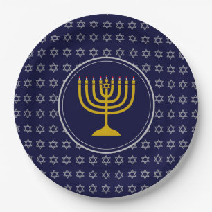 HANUKKAH Star of David Menorah Blue Silver Paper Plate