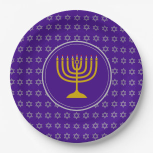 HANUKKAH Star of David Menorah Purple Silver Paper Plate