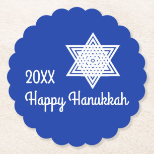 Hanukkah Star of David White on Blue Background Pa Paper Coaster