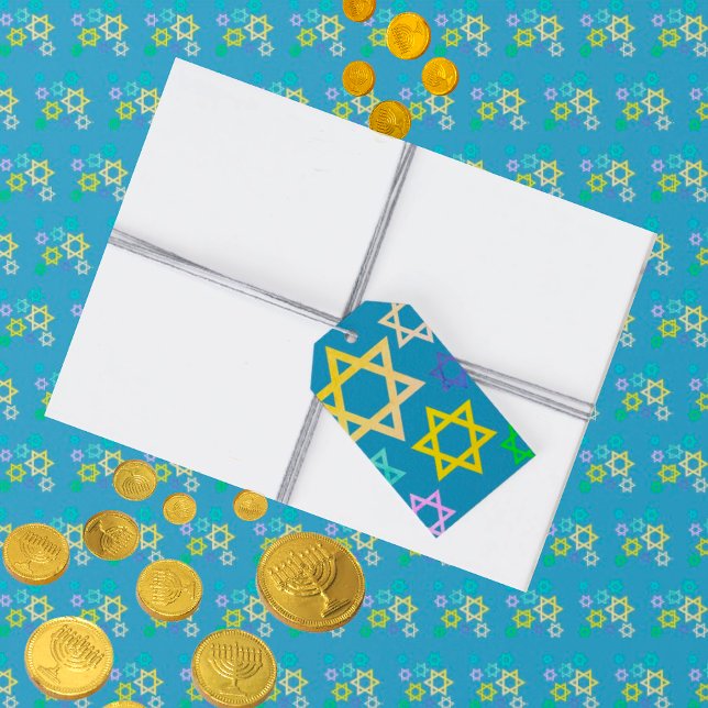 Hanukkah Stars of David Gift Tag (Colorful Stars of David scattered across a blue background.)