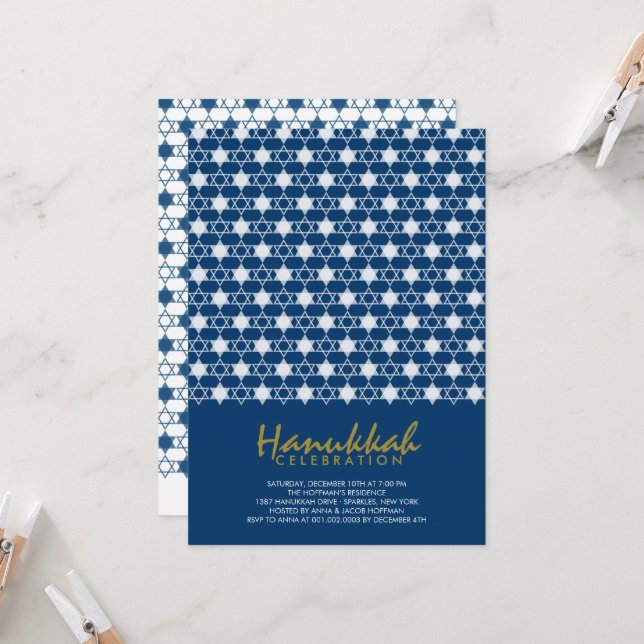 Hanukkah Stars Of David Pattern Blue Holiday Party Invitation (Front/Back In Situ)