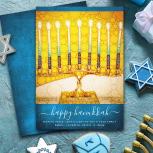 Hanukkah Stylish Yellow Gold Menorah on Teal Flat Holiday Card