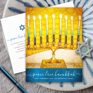 Hanukkah Stylish Yellow Gold Menorah Script Teal Holiday Postcard