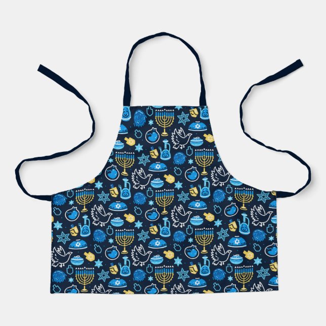Hanukkah Symbols Blue Pattern Apron (Front)