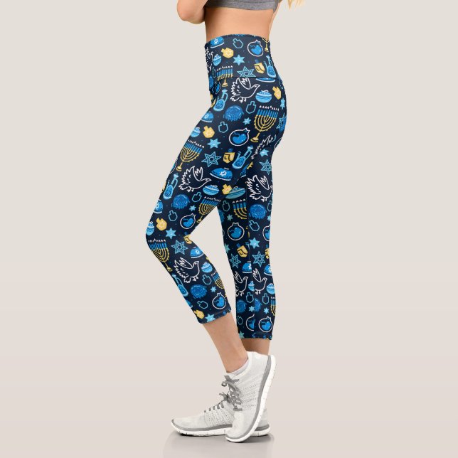 Hanukkah Symbols Blue Pattern Capri Leggings (Left)