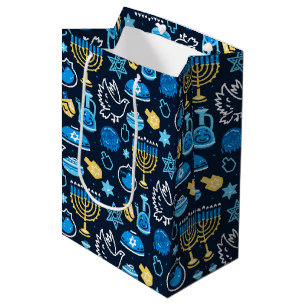 Hanukkah Symbols Blue Pattern Medium Gift Bag