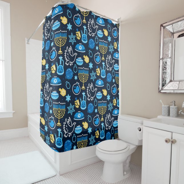 Hanukkah Symbols Blue Pattern Shower Curtain (In Situ)