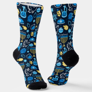 Hanukkah Symbols Blue Pattern Socks