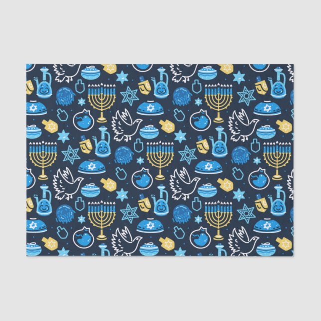 Hanukkah Symbols Blue Pattern Tissue Paper (Front)