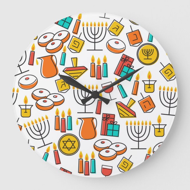 Hanukkah Symbols: Jewish Holiday Pattern. Large Clock (Front)