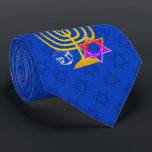 HANUKKAH TIE<br><div class="desc">Elegant,  stylish mid blue HANUKKAH Neck Tie,  designed with faux gold menorah,  colourful Star of David and silver coloured dreidel plus OPTIONAL MONOGRAM (appears underneath in faux gold serif font). There is a subtle tiled pattern of the Star of David in the background. Available in midnight blue with monogram.</div>