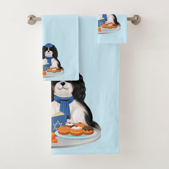 Hanukkah Tri-Coloured Cavalier King Charles Spanie Bath Towel Set (Insitu)