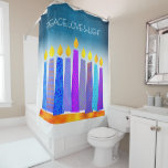 Hanukkah Turquoise Candles Boho Peace Love Light Shower Curtain<br><div class="desc">“Peace, love & light.” A playful, modern, artsy illustration of boho pattern candles in a menorah helps you usher in the holiday of Hanukkah. Assorted blue candles with colourful faux foil patterns overlay a turquoise textured gradient to white background. Feel the warmth and joy of the holiday season whenever you...</div>