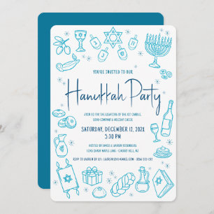 Hanukkah Turquoise Hand Drawn Doodle Playful Party Invitation