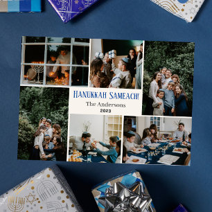 Hanukkah Typography Blue family photo Collage  Holiday Card