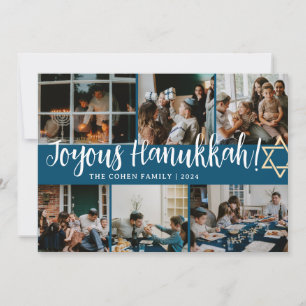 Hanukkah Typography Blue family photo Collage Holiday Card