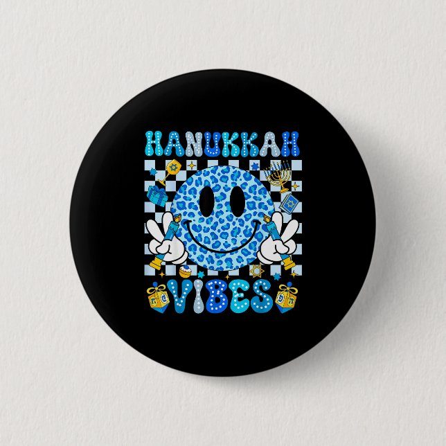 Hanukkah Vibes Groovy Smile Face Jewish Holiday Ch 6 Cm Round Badge (Front)