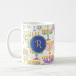 Hanukkah White Gold Menorah Star of David Monogram Coffee Mug<br><div class="desc">This custom holiday coffee mug features a chic pattern of gold,  green and purple menorah and gold Star of David on a white background. On either side is a blue circle boarded in gold for your monogram initial to personalise. Drink in style! Designed by world renowned artist ©Tim Coffey.</div>