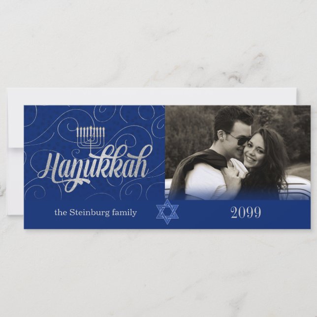 Hanukkah Wishes Custom Year Blue and Silver Photo Holiday Card (Front)