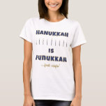 Hanukkah Women's T-Shirt "Hanukkah is Funukkah..."<br><div class="desc">Hanukkah Women's Basic T-Shirt "Hanukkah is Funukkah... just sayin'" Enjoy this gold and blue, sparkly Women's T-shirt! Choose from a variety of different styles, colours and sizes. Thanks for stopping and shopping by. Much appreciated. Happy Chanukah/Hanukkah!!! Style: Women's Basic T-Shirt This basic t-shirt features a relaxed fit for the female...</div>