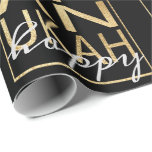 Hanukkah Wrapping Paper Chanukah Happy Gold, Black<br><div class="desc">Hanukkah "Chanukah Happy Black & Gold" Hope you like my latest gift wrap made up of Gold lettering on navy blue background to dress-up your gifts:) Personalise by changing out the background colour. The words, "Happy" can be deleted and replaced with your own text. Use your favourite font style, colour,...</div>