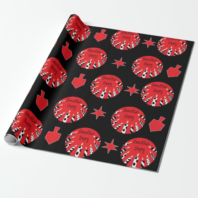 Hanukkah Wrapping Paper "Red, White, Black" (Unrolled)